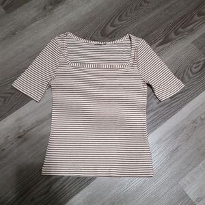 Faherty Legend Ribbed Striped Short Sleeve Tee - White And Brown Size Small